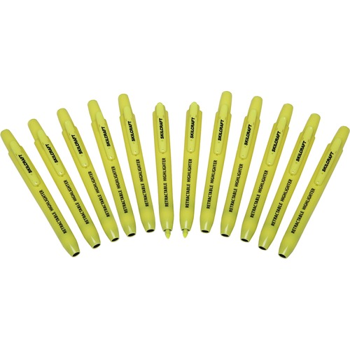 Retract. Highlighters, Chisel Tip, 12/PK, Yellow