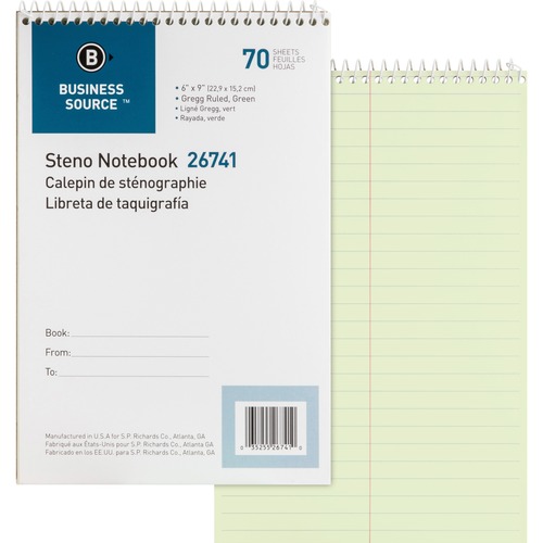 Steno Notebook,Greg Ruled,6"x9",70 Sheets,Green Paper