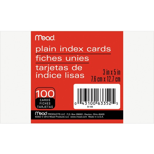Index Cards, Plain, 3"x5", 100 Count, White