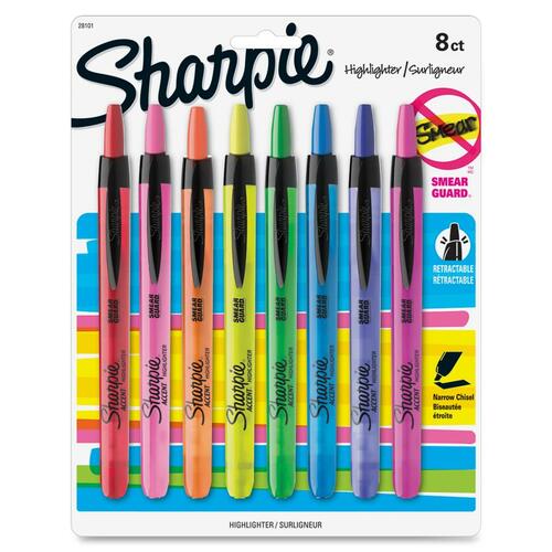 Highlighter, Retractable, Chisel Pt, 8 Color/ST, Assorted