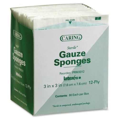 Gauze Sponges, Sterile, 3"x3", 12 Ply, 80/PK, White