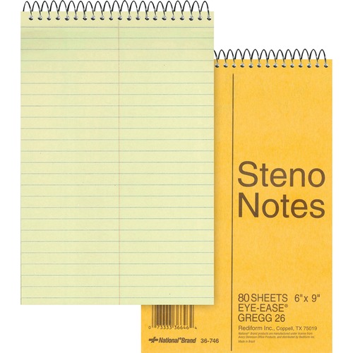 Steno Book, Gregg Ruled, 16lb., 80 Sheets, 6"x9",Green Paper