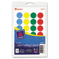 Removable Labels, 3/4" Round, 1008/PK, Assorted