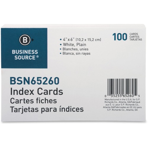 Index Cards, Plain, 90lb., 4"x6", 100/PK, White