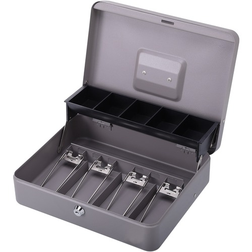 Cash Box, 5 Comptmts, Spring Clips,10-1/2"x7-3/8"x4-1/2", GY
