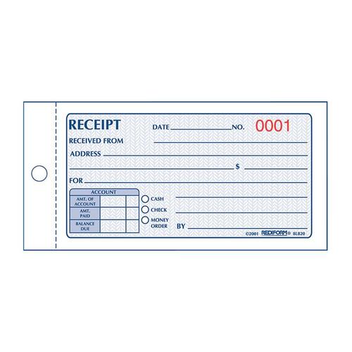 Money Receipt, Carbonless, 2 Parts, 2-3/4"x5", 50/BK