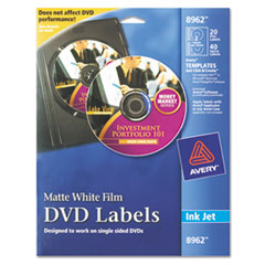 DVD Inkjet Labels, 20 Sheet/2 Labels P/Sheet, Matte, White