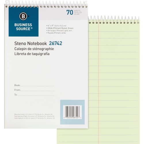 Steno Notebooks, Pitman Ruled, 6"x9", 70 Shts, Green