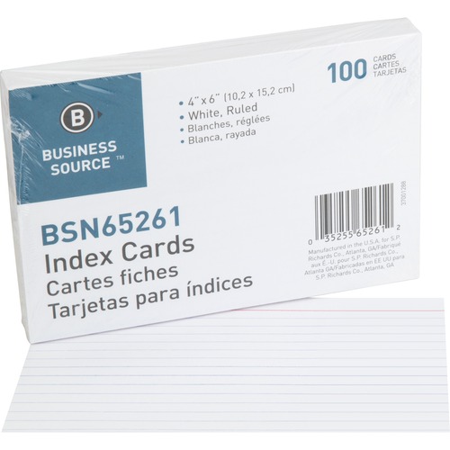 Index Cards, Ruled, 72 lb., 4"x6", 100/PK, White