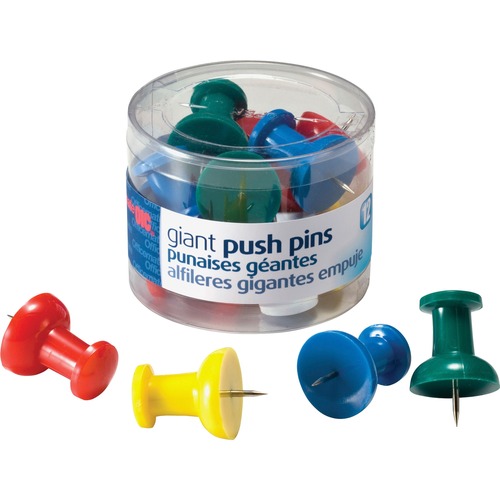 Giant Push Pins, 1-1/2",12/PK, Clear Tub, Assorted