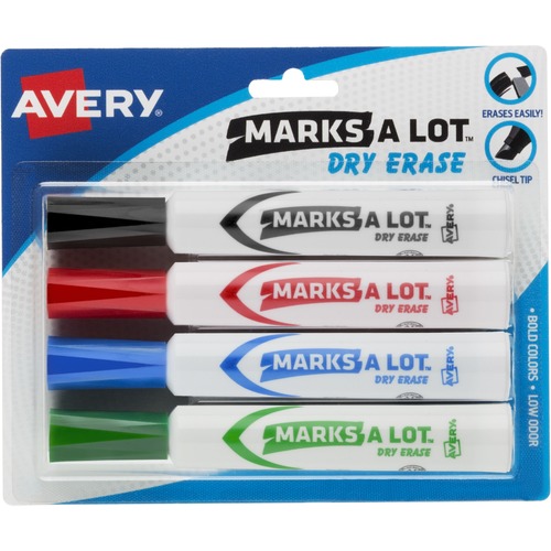 Whiteboard Dry-erase Markers, Chisel Point,4/ST,BK/RD/BE/GN