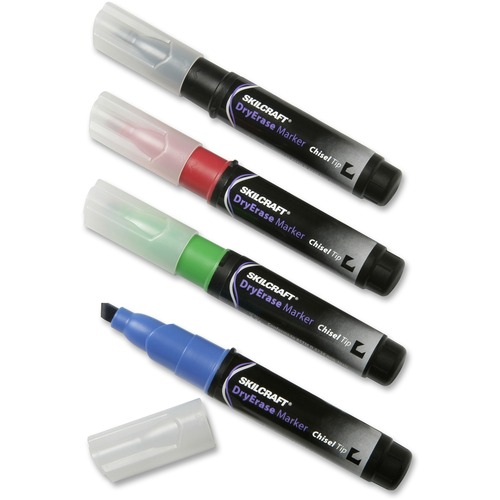 Dry-Erase Marker, Low-Odor, Chisel Tip, 4/PK, BE/BK/RD/GN