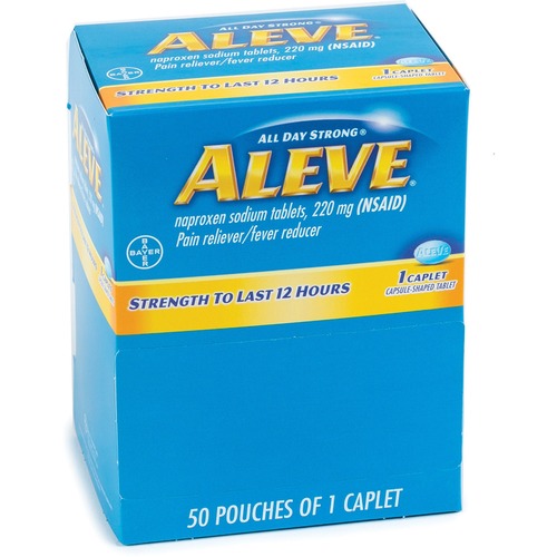 Aleve Pain Relief Caplets Packs, Single Dose, 50/BX, Blue