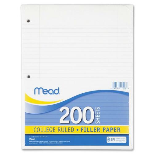 Notebook Paper, 3HP,College Ruled, 200 Sht/PK,8-1/2"x11", WE