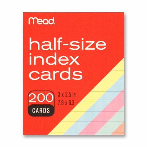 Index Cards, Half-size, 3"x2-1/2", 200/PK, Assorted