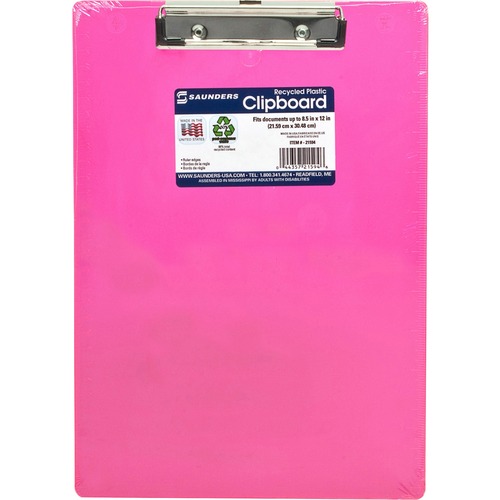 Plastic Clipboard, Letter, Holds 1/2" of Paper, Neon Pink