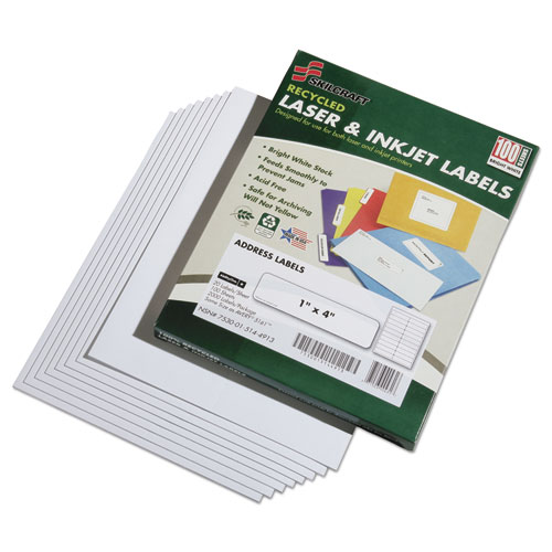Label, Address, Recycled, Laser and Inkjet, White, 1" x 4", 100 Sheets