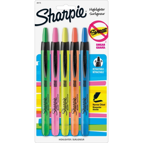 Highlighter, Retractable, Chisel Pt, 5 Color/ST, Assorted