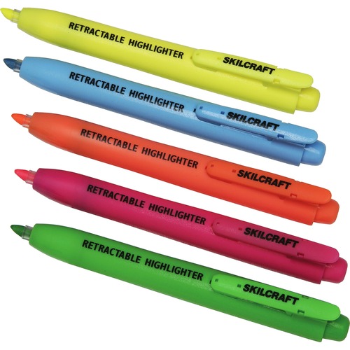Retract. Highlighters, Chisel Tip, 5/ST, Assorted