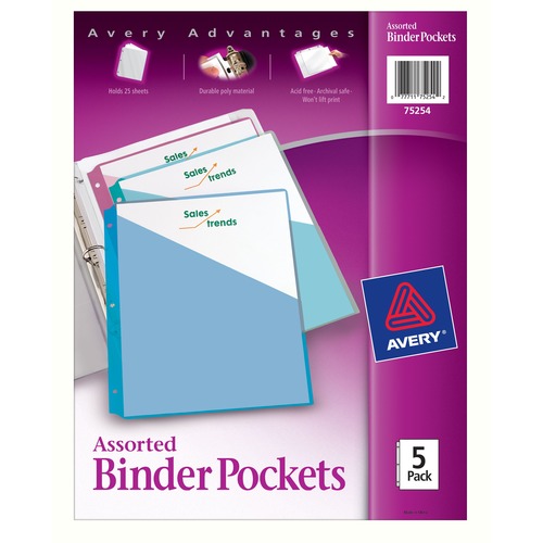 Binder Pockets, 3HP, Letter, 8-1/2"x11", 5/PK, Assorted