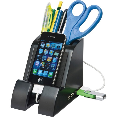 Smart Charge Pencil Cup,w/USB Hub,4"x5-1/2"x5",Midnight BK